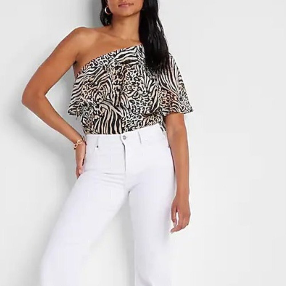 Express Women's Rachel Zoe Animal Print Draped One Shoulder Thong Bodysuit